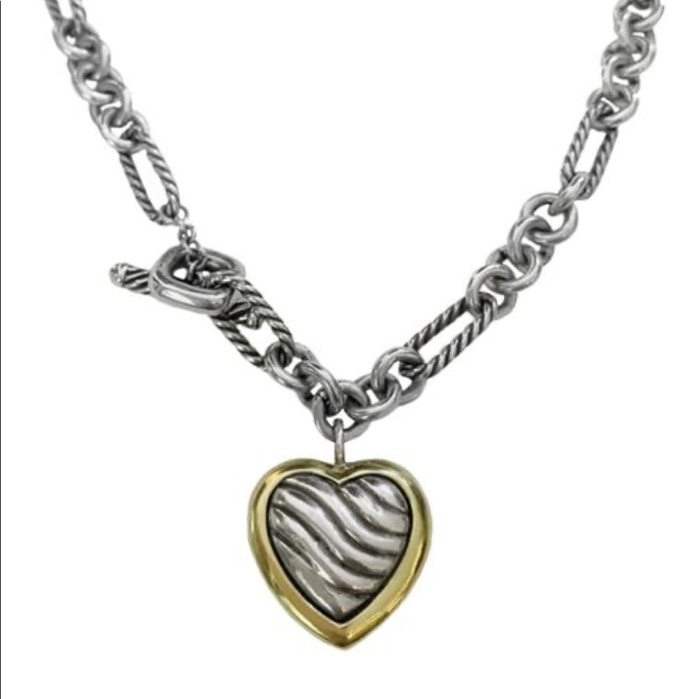 David Yurman Gold and Silver Heart Charm Figaro Necklace